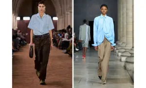 Modella con pantalone verde e camicia azzurra, un look audace e moderno.