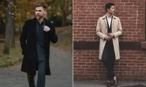 Uomo con abbinamento cappotto nero e completo gessato, e un altro uomo con trench beige e completo blu.
