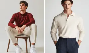 Uomo con polo bordeaux e pantaloni chiari, e uomo con maglione beige e pantaloni a righe. Stile casual chic.