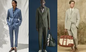 Tre uomini in abiti eleganti: blu, verde militare e grigio chiaro. Un esempio di abbinamento colori vestiti per un look sofisticato.