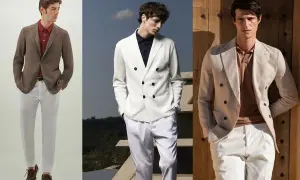 Tre uomini indossano un elegante outfit con polo uomo, abbinata a blazer e pantaloni chiari.