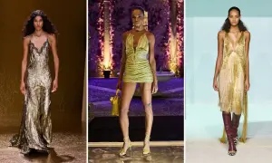 Modelli indossano abiti scintillanti color oro, mostrando eleganti abbinamenti vestiti per un look audace e glamour.