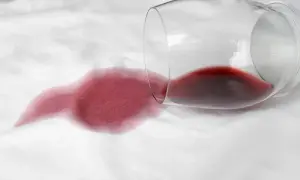 Un bicchiere di vino rosso rovesciato su un tessuto bianco crea macchie che non vanno via con la candeggina.
