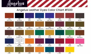Tabella colori tinture per pelle Angelus. Molti colori cuoio abbinamenti perfetti per ogni progetto.
