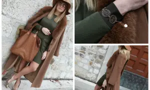 Eleganza in verde e cammello: un cappotto lungo, cappello e borsa in color cammello, abbinati a un vestito verde.