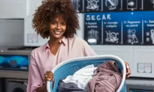 Donna sorridente con un cesto di panni in lavanderia. Attenzione, la centrifuga restringe i capi se non si usa il programma giusto!