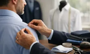 Sarto aggiusta le maniche camicia di un cliente, con tessuti e forbici sul tavolo.