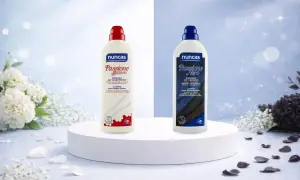 Detersivi Nuncas per lavare un capo bianco e nero in lavatrice: "Passione Bianco" e "Passione Nero".