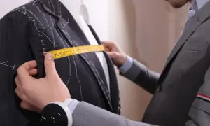 Sarto misura la giacca con metro giallo, prendendo nota della lunghezza braccio uomo per una vestibilità perfetta.