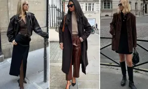 Tre donne mostrano outfit eleganti: marrone e nero stanno bene insieme, con giacche in pelle, cappotti lunghi e gonne.