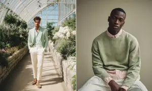 Uomo con abbinamento grigio e verde: completo sartoriale menta e pantaloni chiari, e maglione verde su camicia rosa.