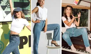 Tre donne con maglietta dentro i pantaloni uomo, in diverse pose e ambientazioni.