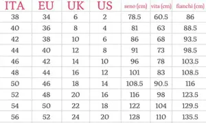 Tabella taglie: ITA 44 corrisponde a EU 40, UK 12, US 8. Misure seno 91, vita 73, fianchi 98.5.