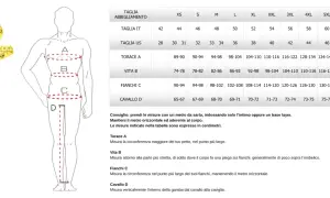 Schema del fisico uomo con indicazioni per le misure (torace, vita, fianchi, cavallo) e tabella taglie.