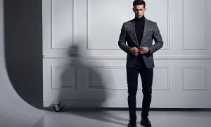 Uomo con maglione nero a collo alto e giacca a quadri grigia, pantaloni scuri e scarpe eleganti.