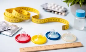 Nastro giallo per le misure, preservativi colorati e un righello.