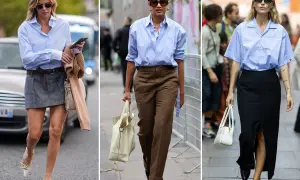 Tre donne sfoggiano una camicia azzurra in modi diversi: con minigonna, pantaloni marroni e gonna nera lunga.