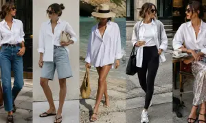 Cinque modi per abbinare la camicia bianca: con jeans, shorts, gonna di paillettes, leggings o come copricostume.