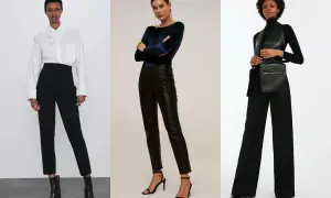 Tre look con pantaloni neri: eleganti con camicia bianca, audaci con top in velluto e pelle, o sofisticati con gilet e borsa a tracolla.