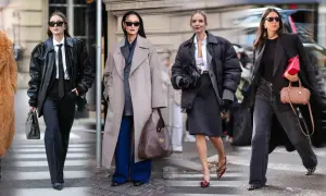 Sei donne sfoggiano look audaci: un giubbotto sopra giacca, cappotti eleganti e pellicce.