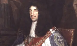 Ritratto di uomo con parrucca voluminosa e cravatta di pizzo. Forse lui è chi ha inventato la cravatta.