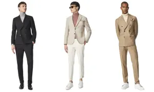 Tre uomini indossano abiti eleganti. Uno con gessato spezzato, un altro con completo nero e il terzo con giacca beige.