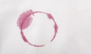 Macchie rosse sui vestiti dopo lavaggio in lavatrice, un alone circolare di vino su tessuto bianco.