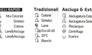 Programmi lavatrice: cicli rapidi, tradizionali, asciugatura. Opzioni per cotone, sintetici, lana, bianchi, mix colorati, lavaggio delicati, risciacquo, centrifuga.