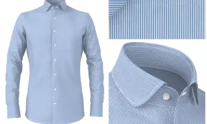 Camicia azzurra a righe bianche, con dettagli del tessuto e del colletto.