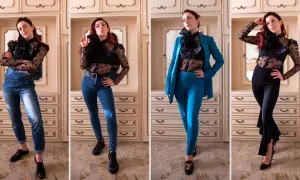 Modelli di outfit con camicia trasparente: jeans, tuta, tailleur e pantaloni a zampa. Idee su cosa mettere sotto una camicia trasparente.