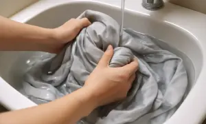 Mani che lavano delicatamente un tessuto di raso grigio in un lavandino, mostrando come lavare il raso a mano per mantenerlo morbido e lucido.