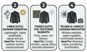 Cinque stili di outfit uomo: lana classica, lino estivo, tweed caldo, tessuti tecnici innovativi e poliestere pratico.