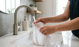 Mani che lavano un capo bianco sotto l'acqua corrente, un metodo efficace per togliere macchie di sangue con acqua ossigenata.