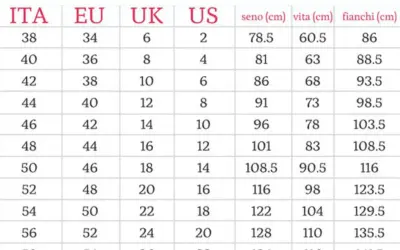 Tabella taglie: ITA 44 corrisponde a EU 40, UK 12, US 8. Misure seno 91, vita 73, fianchi 98.5.