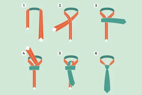 Illustrazione passo passo per creare un nodo piccolo cravatta. Sei immagini mostrano come intrecciare le due parti della cravatta fino a ottenere il nodo finale.