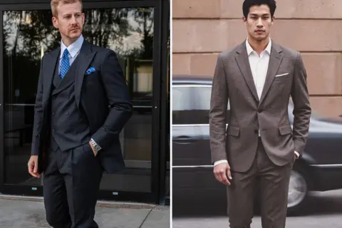 Uomo con abito grigio, gilet e cravatta blu. Accanto, un altro uomo con abito grigio e cravatta.