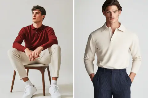 Uomo con polo bordeaux e pantaloni chiari, e uomo con maglione beige e pantaloni a righe. Stile casual chic.