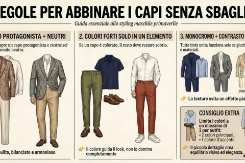 Guida agli abbinamenti vestiti uomo: 3 regole per creare look equilibrati, con focus su colori, texture e capi protagonisti.