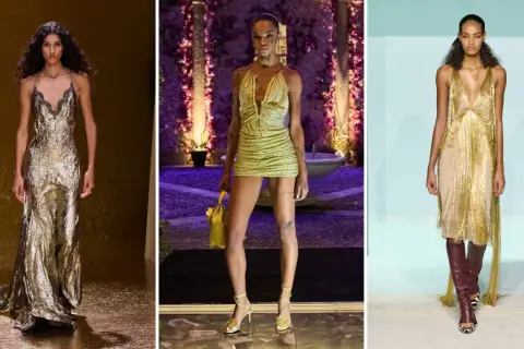 Modelli indossano abiti scintillanti color oro, mostrando eleganti abbinamenti vestiti per un look audace e glamour.