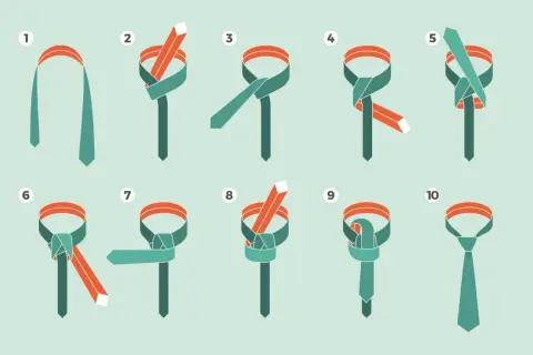 Illustrazione con 10 passaggi per creare un nodo cravatta veloce.
