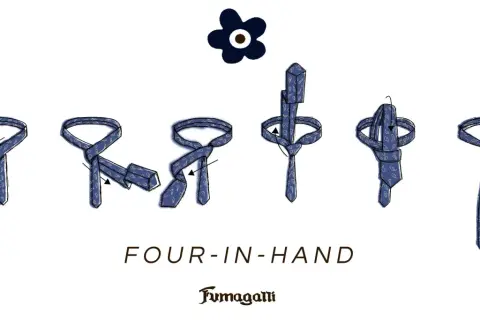 Illustrazione dei vari tipi di cravatta e come annodare una cravatta Four-in-Hand.