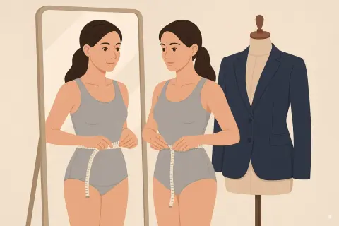 Donna misura la vita davanti allo specchio, pensando a quale taglia 4 corrisponde per un abito.