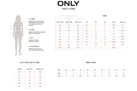 Guida taglie ONLY: la taglia 35 per i jeans corrisponde a una taglia XL-XXL, con girovita 87 cm e fianchi 114 cm.