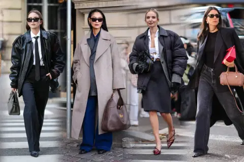 Sei donne sfoggiano look audaci: un giubbotto sopra giacca, cappotti eleganti e pellicce.
