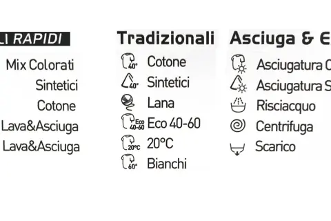 Programmi lavatrice: cicli rapidi, tradizionali, asciugatura. Opzioni per cotone, sintetici, lana, bianchi, mix colorati, lavaggio delicati, risciacquo, centrifuga.