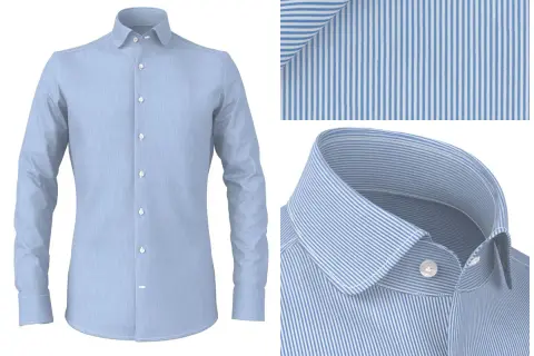 Camicia azzurra a righe bianche, con dettagli del tessuto e del colletto.