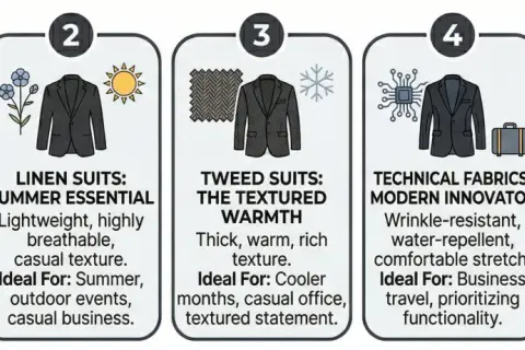 Cinque stili di outfit uomo: lana classica, lino estivo, tweed caldo, tessuti tecnici innovativi e poliestere pratico.