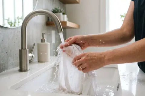 Mani che lavano un capo bianco sotto l'acqua corrente, un metodo efficace per togliere macchie di sangue con acqua ossigenata.