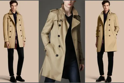 Uomo con un elegante outfit con trench beige, camicia a quadri e pantaloni neri.