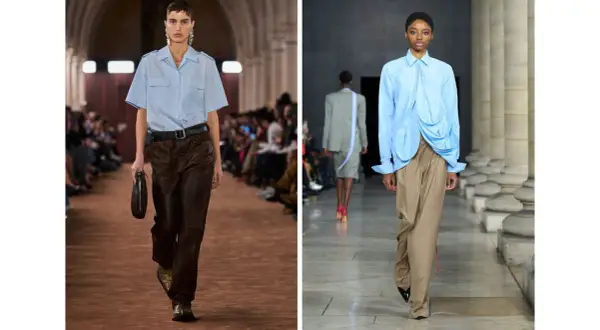 Modella con pantalone verde e camicia azzurra, un look audace e moderno.